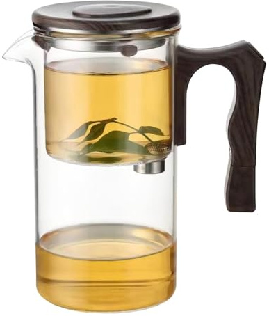 Vattenavskiljande tekanna med trähandtag och sil - tekanna av glas med infusionsanordning, tekanna i glas | Klassisk design glas te vattenkokare, transparent vattenkokare för grönt te,