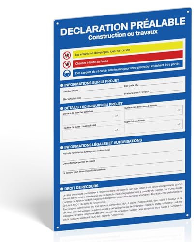 Panneau Déclaration Préalable Construction ou Travaux, 600x400 mm, Plastique PVC Rigide 1mm avec Film Brillant Réinscriptible, Résistant aux UV, 4 Trous Pré-percés