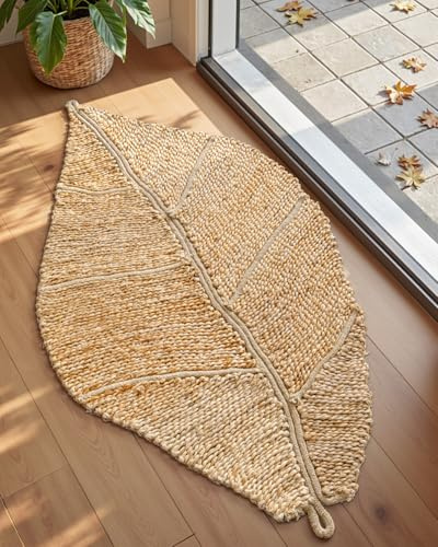 DEXI Jute Door Mat 20x32, Leaf Shaped Inside Entry Mat, Beige