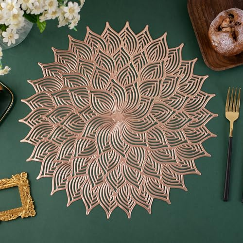 Anevous 6er Set PVC Platzset Abwaschbar, 38cm Rund Tischsets, rutschfest Platzteller Hitzebeständige Platzdeckchen, Esstisch Tischunterlage für Hochzeit Party Küche Zuhause Hotel,Roségold