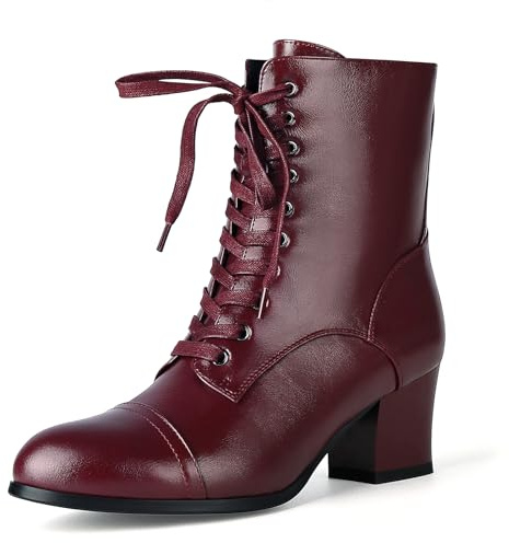 Pixoecuty Women's Victorian Ankle Boots Lace UP Boots For Women Booties Side Zipper Block Chunky Mid Heel Burgundy US 5