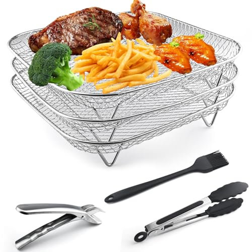 GZjiyu Air Fryer Rack 3pcs Empilable, Air Fryer Grille De Cuisson Acier Inoxydable Support De Friteuse À Air, avec Pince Brosse et Pince Alimentaire Grille Air Fryer Pour Air Fryer Four Press Cooker