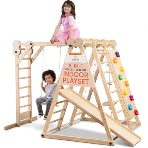 Centre de jeux Montessori 8-en-1 pour enfants – Aire de jeu en bois intérieur/extérieur avec toboggan, mur d’escalade, filet, échelle, balançoire & barres de singe – structure robuste en pin/cèdre