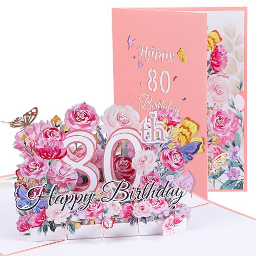Nogeqi Carte d'anniversaire 80 ans Femme 3D Fleurs Carte Pop Up Anniversaire, Cadeau pour les 80 ans Carte Pop-up Anniversaire Jubilé avec Inscription Happy Birthday pour les Mères, la Famille et les