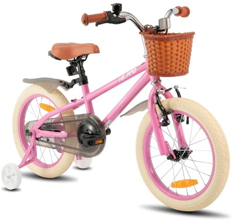 Hiland 14 Inch Kids Bike with Basket & Stabilisers, Bicycle for Girls with Hand Brake Coaster Brake, Pink