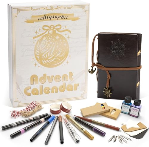 Calendrier de l'Avent 2025 Calligraphie, 24 Pièces Créatif Surprises Calligraphie, Calendrier de l'avent Adulte - Stylos d'écriture à la main | Stylo pinceau | Porte-plume | Stylo Contour