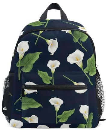 Vit Calla liljor gröna blad småbarn flicka ryggsäck med namnetikett, liten, 3-8 år