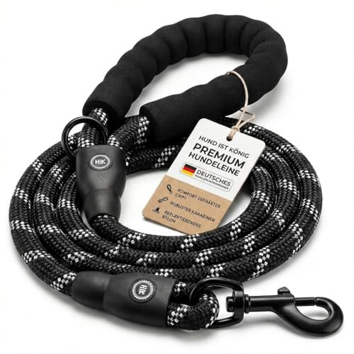 HUND IST KÖNIG Hundkoppel, för promenader och träning, koppel med mjukt handtag och reflektorer, perfekt dagligt koppel för hundar mellan 10–25 kg (rent svart, 3 m x 1,2 cm)