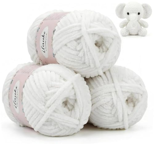 ilauke Chenille Yarn, 300g White Crochet Yarn for Amigurumi, Blanket | Less Shedding, Less Tangling, Soft Chunky Yarn, Knitting Wool, Fluffy Yarn Suitable for Beginners or Craft Enthusiasts