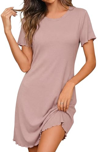 Demegimi Chemise de Nuit Femme Coton Vêtements de Nuit Été Robe de Nuit Femme Courte Manches Courtes，Violet，L