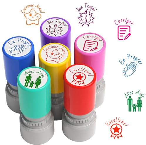 6PCS Tampons Enseignants Français, Plastique Tampon Auto Encreur Enfant, Tampon Maitresse Décole avec Boîte, Tampon Ecole Mignon pour Encourager Motiver Élèves, Cadeau Professeur