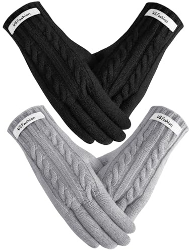 Clothirily 2 Pairs Winter Gloves for Women - Warm Soft Womens Winter Gloves, Elastic Cuff Touchscreen Gloves, Thermal Knit Lining Gloves for Cold Weather
