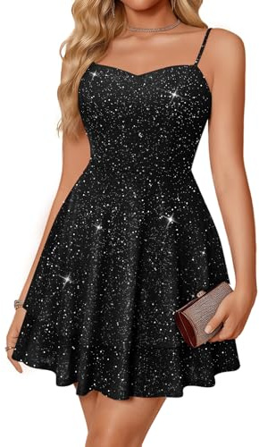 Meetjen Sequin Prom Dresses for Teens Short Spaghetti Straps 2026 V Neck Womens Cocktail Birthday Party Mini Quinceanera Formal Dress Black M