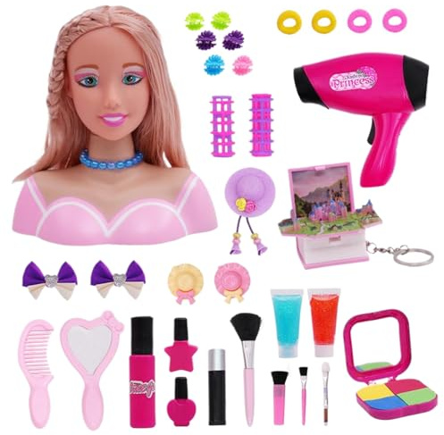 33 pezzi testa di bambola per lo styling per bambini con accessori per asciugacapelli, set da parrucchiere per bambini trucco deluxe finta playset testa per lo styling bambola acconciatura gioca