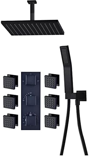 Svart termostatblandare för dusch, mässing, duschmunstycke, 6 st, massage, spa-jets, 3-vägs termostatblandare, badkarsdusch, 20 Inch Full Set