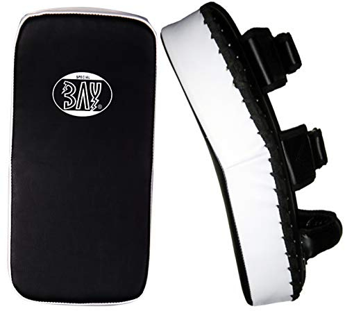 BAY Arm-Schlagpolster aus Leder PU, Vorgekrümmt mit Klettverschluss und Halteriemen, für Muay Thai und Kickboxen, Schwarz/Weiss, 40 x 20 cm