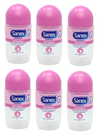 SANEX DERMO Invisible Deodorante roll-on da donna per tutti i tipi di pelle, 50 ml, confezione da 6