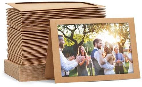 Best Paper Greetings 48-Pack Brown Card Stock Photo Frame Cards - 4.75 x 6.8 In Kraft Paper with Envelopes - Blank Interior & Photo Insert Window - Interchangeable Mat for DIY Floral Greetings