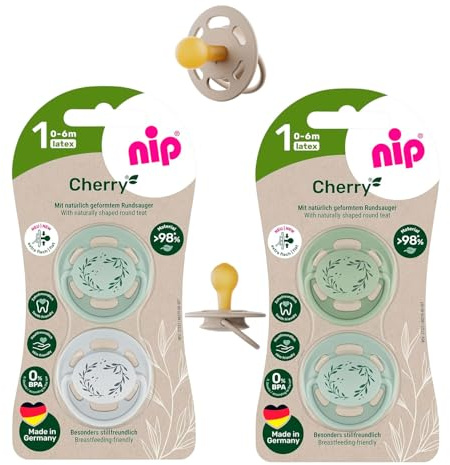 nip® Öko-Schnuller Schnuller CHERRY® Green Gr.1 ab Geburt, 4-pack boys, made in Germany