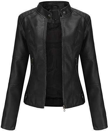DISSA Veste biker femme en simili cuir Veste courte zip,EU 38-48 | Col montant, poignets zippés, poches avant zippées, coutures dos. Veste moto légère, veste quotidienne