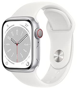 Apple Watch Series 8 (GPS + Cellular, 41mm) Smartwatch - Aluminiumgehäuse Silber, Sportarmband Weiß - Regular. Fitnesstracker, Blutsauerstoffund EKGApps, Always-On Retina Display, Wasserschutz