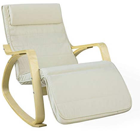 SoBuy Schaukelstuhl mit Polster, Schaukelsessel mit Kopfstütze und Verstellbarer Fußstütze, relaxsessel - Beige FST16-W