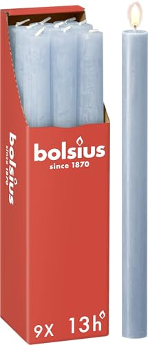 Bolsius - Avsmalnande ljuspelare – Stakljus Rustikt - Ljusblå – 9-pack – Lång Brinntid På 13 Timmar – Hushållsljus – Inredning – Oparfymerad – Naturligt Veganskt Vax – 270 x 23 mm