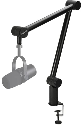 BOMGE Soporte de micrófono de brazo Boom –de brazo de tijera ajustable resistente con canales de gestión de cables, abrazadera de escritorio para podcasts, transmisión, juegos, oficina en casa (Negro)