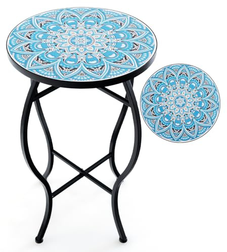 HOMASIS Table d'appoint de jardin 30 x 30 x 50 cm avec motif mosaïque, support pour plantes avec plateau rond en métal et carrelage, table de balcon stable pour jardin, balcon et salon, bleue