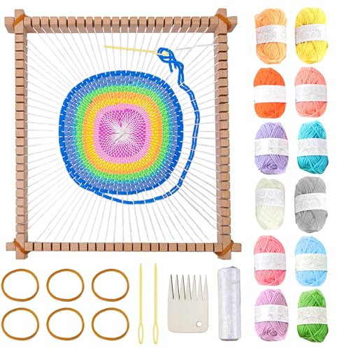 BORDEAG Webrahmen DIY Holz, Webstuhl für Erwachsene, Webrahmen Set mit 12 Farben Wolle Rahmen Garn Nadel Webkamm für Anfänger, 28 x 25 cm