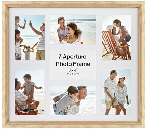 6x4 Multi Aperture V Shape Photo Frame, Holds 7 6x4 Photos or Pictures, Natural Wood Effect Multi Picture Frame, Plexi Glass, Wall Mounted Landscape or Portrait