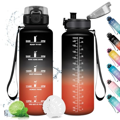 Borraccia Motivazionale 1.5L, Bottiglia con Filtro, Bottiglia Acqua a Prova di Perdite, Bottiglia Riutilizzabile, Borraccia Sportiva con Indicatore del Tempo Motivazionale, per Sport, Campeggio