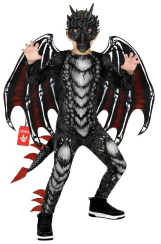 Morph Svart Röd Drakdräkt för Pojkar - Heltäckande Jumpsuit med Fjälltryck, Drakmaske & Vingar, Barn