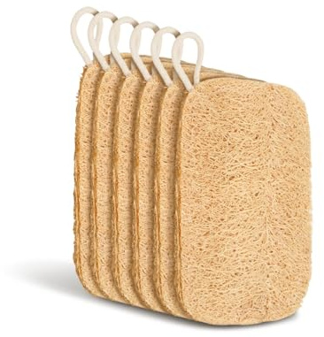 Lot de 6 éponges luffa - 11 x 7,5 cm - Matériau luffa naturel - Pour le nettoyage de la vaisselle, l'exfoliation - Convient pour la cuisine, la salle de bain, le camping (couleur naturelle)