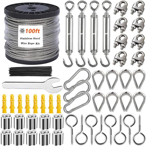 Kit de cuerda de alambre de 3mm, 30m de cable de acero inoxidable recubierto de vinilo con candados de tensión M5 para kit de suspensión de luz de cadena exterior, cable de ropa, sistema de suspensión