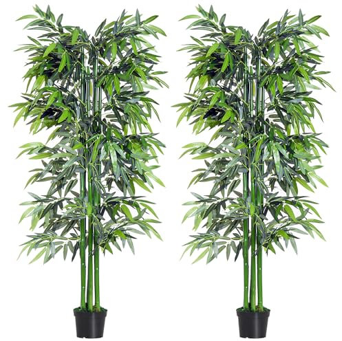 Outsunny Pack de 2 Bambú Artificiales 180 cm Plantas Artificiales con 1105 Hojas Maceta Decoración para Interior Hogar Verde
