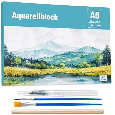 40 Blatt Aquarellpapier A5, Aquarellblock 300g/㎡ Malpapier mit Bleistift Pinsel Wassertankstift für DIY Basteln Zeichnen Gouache