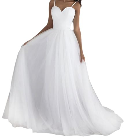 Leeonway Robe De MariéE Longue en Tulle,Robe De MariéE Princesse,Robes Bal Longues EléGante,Robes Mariées Femme Princesse,Blanche Mariage Civil,Col V A Line,Non Manche,pour Mariage