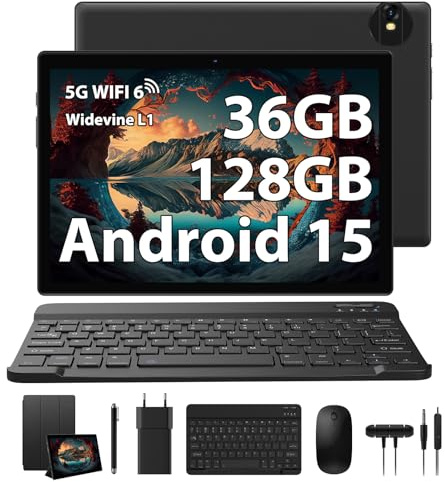 RUSHAR Android 15 Tablette 10 Pouces, 36Go+ 128Go(1To TF) Tablette Tactile avec Clavier et Souris, Octa-Core, WiFi 6 / BT 5.0 / 8000mAh / 8MP+5MP / Widevine L1 / WPS/FM, Noir