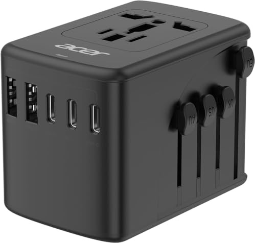 Acer Adattatore universale da viaggio internazionale con 5 porte USB (3 USB C) 5.8A, caricatore universale per Stati Uniti, Europa, Regno Unito, Francia, Germania, tipo C/E/F/G/I/L/A, Nero