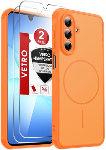 LeYi Cover Magnetica per Samsung A17 5G con 2 Vetro Temperato, Custodia per Samsung Galaxy A 17 Protezione Fotocamera Anti-Impronte Resistente Antigraffi TPU Bumper Antiurto Protettiva Case, Arancione