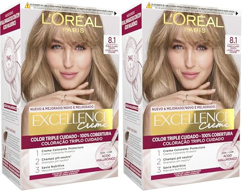 L´ORÉAL PARIS Excellence Creme Tinte Permanente - Tono 8.1 Rubio Claro Ceniza (Paquete de 2)