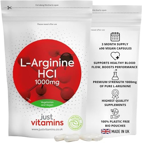 L Arginine HCL 1000mg | 90 Vegan Capsules | Supports Healthy Blood Flow for Men & Women | High Strength Nitric Oxide Amino Acid L-Arginine | Powerful Vasodilator | UK Made - Just Vitamins