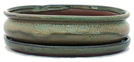 exotenherz - Bonsai-Schale mit Unterteller Gr. 3 - Oliv-Braun - oval - Modell O47 - L 19cm - B 13,5cm - H 5cm