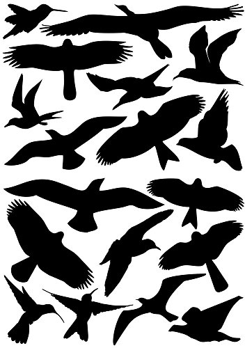 18 Vogelaufkleber + gratis Rakel für Fenster, Wintergärten, Glashäuser zum Vogelschutz, Warnvogel , Fensterschutz PREMIUM Oracal Folie (schwarz)