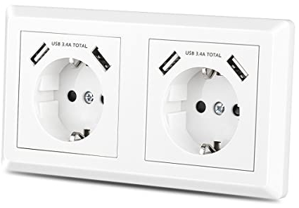 Sasudose Doppelsteckdose mit 4 x USB Anschluss, USB Schuko Wandsteckdose Passt in Standard 2-fach Unterputzdose, Schutzkontakt USB Steckdose Unterputz System 55 Reinweiß Glänzend weiß