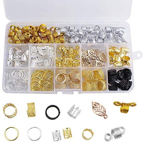 Dreamtop 200 Pièces Bijoux Cheveux Tresse, Accessoires en Aluminium pour Bague Cheveux Or et Argent avec Boîte de Rangement, pour la Décoration des Tresses de Cheveux et des Tissages de Cheveux