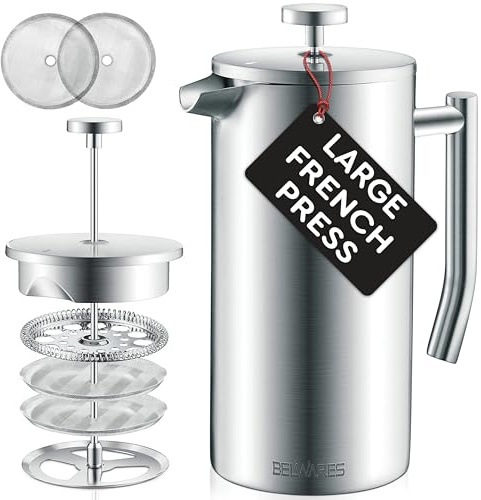 Belwares French Press Coffee Maker 50 oz - Large 304 Stainless Steel Double Wall Insulated Thermal Coffee Press for Home Kitchen, 4-Level Filtration with Extra Screens, Dishwasher Safe, 1.5L, Silver