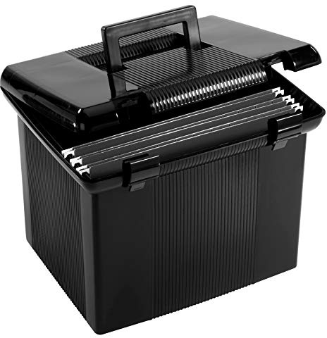 Pendaflex Portable File Box with File Rails, Simple Document Storage, File Bin for Home and Office, Hinged Lid with Double Latch Closure, Black, 3 Black Letter Size Hanging Folders Included (41742AMZ)