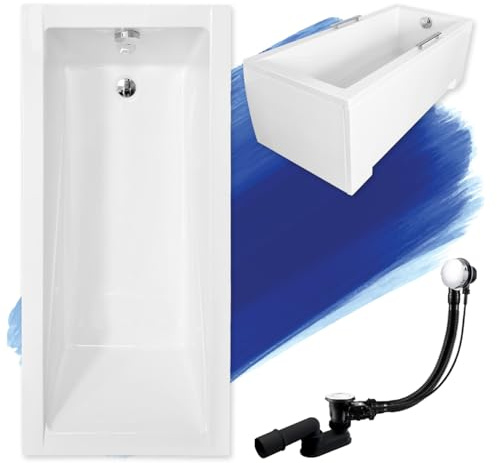 Baignoire rectangulaire BADLAND - En acrylique - 130 x 70 cm - Blanc - Kit complet - Tablier en acrylique - Siphon - Pieds de baignoire - Design moderne - Bonde chromée - Fabriqué en UE - 4 en 1